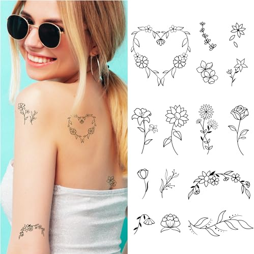Finoly Temporäre Tattoos 2 Wochen - Semi Permanent Tattoos - Wasserfest - Für Erwachsene (Floral)