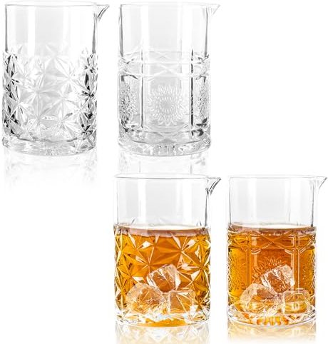 GSHYMXT Cocktail-Mischgläser, Cocktail-Shaker-Glas für Whiskey und Martini, altmodisches Kristall-Mischglas-Set (Eisblumen und tschechischer Vintage-Druck), 700 ml, 4 Stück
