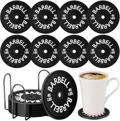 Blushtier 8 Pcs Barbell Bumper Plate Cool Coasters Round Silicone Coasters Weight Plate Coaster with Rack Holder for Gym Lovers Gym Accessories(Black)