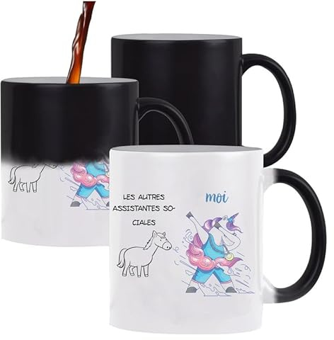 Planetee Tasse Magique Assistantes sociale les autres vs Moi | Mug qui change couleur avec la chaleur | Idée Cadeau Humour Métier Départ Retraite Collègue Travail Anniversaire Noël