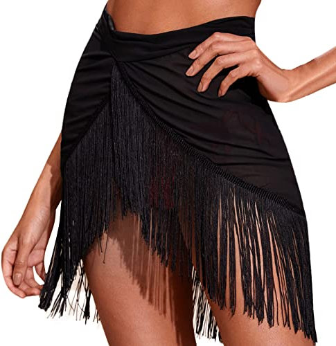 Gonna avvolgente sexy telo mare trasparente stand sarong donna panno corto wrap poncho spiaggia estate telo mare chiffon pareo leggero gonna spiaggia con frange minigonna nero fazzoletto bikini