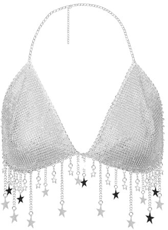 Frauen Pailletten-BH Quasten, Sterne Halsweste Sexy Bra Glitzerndes rückenfreies Oberteil Bauchtanz Kostüm mit Quasten Glitzer Dessous für Nachtclub, Bauchtanz, Boho, Latin Dance, Musikfestival
