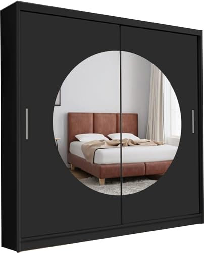 FURNITUREWAVE Denver Mirror Sliding Door Wardrobe Brighten Your Space with Style 150cm/203cm (Black, 150cm)