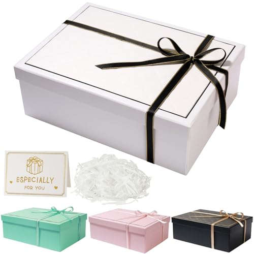 Geschenkbox mit Deckel 25 x 18 x 9 cm, Geschenkbox mit Schleifen, Grußkarten, Raffia Hamper Shreds für Hochzeit Geburtstag Weihnachten(Weiß)