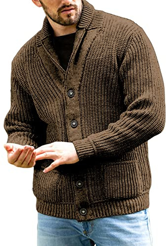 Runcati Chaqueta de punto grueso para hombre, informal, cuello chal, manga larga, con botones, jersey de punto