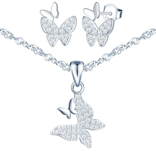 CPSLOVE Fashion Damen Schmetterlings Ketten Anhänger Ohrringe 925 Silber Schmuck Sets Kreative Mädchen Doppelter Schmetterling Zirkon Halskette Ohrstecker Ohrschmuck
