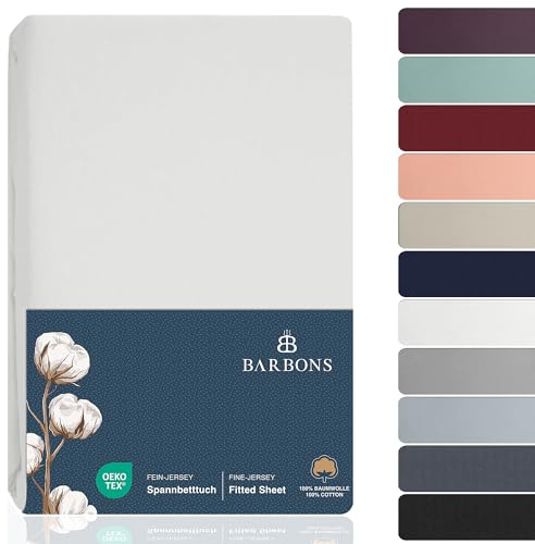 Barbons Drap Housse 140x190 cm / 140x200 cm, 100% Coton Certifié Oeko-TEX Premium Drap-Housse en Jersey pour Matelas Bonnet jusqu'à 25 cm - Blanc 140 x 190/200 cm