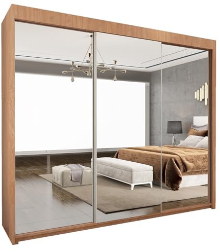 Style Heaven Modern Sliding Door Wardrobe for Bedroom, Matt Finish,3 Mirrored Sliding Doors wardrobes 6 Adjustable Shelves & 2 Hanging Rail,made of MDF Chipboard, aluminium Handles Chicago(250cm Oak)
