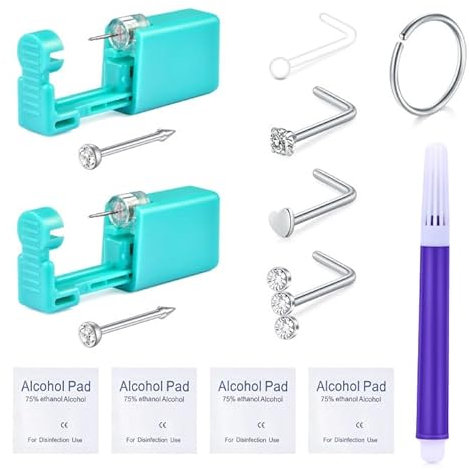 MODRSA Nasenpiercing Stecker Kit Nasenstecker Nasenring Piercing Nose Ring Selbst Nasenpiercing Piercing Gun Disposable Silber Piercing Schmuck Kit