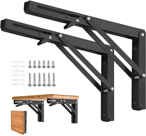 AUTOHJ Folding Shelf Brackets 22 inch 4 Pcs - DIY Wall Mounted Shelf Bracket for Garage Workstation, Stuff Supports, Plant Stand - Heavy Duty Collapsible Shelf Bracket Black
