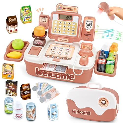KalaDuck 2 en 1 Caisse Enregistreuse Enfants, 42Pièces Caisse Enregistreuse Jouet avec Scanner, Argent Jouet, Magasin Accessoires et Talkie Walkie, Jeu de Rôle Supermarché Cadeau Enfant (Rose)