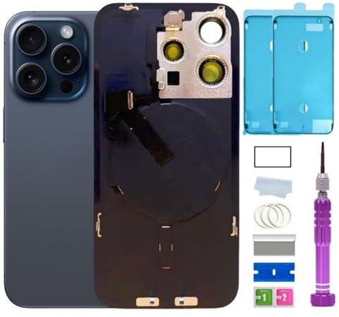 ZMVDJZ 15 Pro Max Rückglas-Ersatz mit Platte & Flex-Kabel und Allen Teilen für iPhone 15 Pro Max Rückabdeckung Glas (Blaues Titan, 17 cm) + wasserdichtes Klebeband + Reparaturwerkzeuge (Blaues Titan)