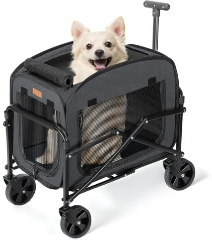 Lekespring Hundetransporter mit Rädern Großer Hundewagen für Hunde und Katzen 18KG, Rollende Haustierkutsche mit großen All-Terrain-Rädern (Schwarz)