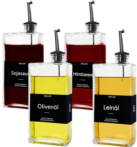 BIKALAN Ölflasche mit Ausgießer, Kaffee Sirup Spender Glas Set, Olivenöl Flasche Set, 500ML Ölspender Glas, Oil Dispenser Sirup Pumpspender mit 40 Aufkleber, Trichter