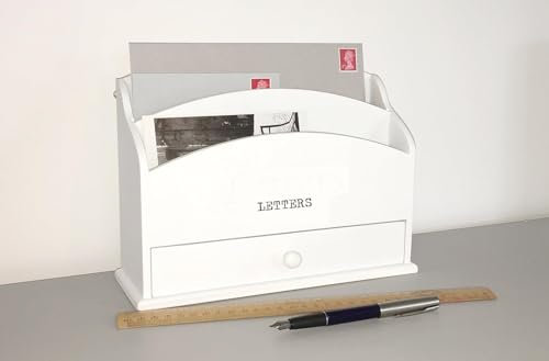 GreyZouq Wooden Letter Rack. Home office, study, hallway study. Two compartments for letters and handy drawer for stationary storage. Vintage/contemporary Letters text (white typed)