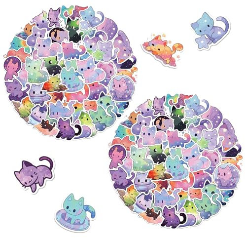Rainbow Starry Sky Cat Stickers 100pcs Cat Stickers,Cute Stickers Kawaii,Self-Adhesive Cartoon Space Cat Stickers,Waterproof,Suitable for Computers,Laptops,Scrapbooks,Diaries,DIY Crafts