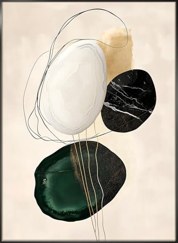 STYLER Bild Pebbles 50x70 cm (AUFHÄNGFERTIG) mit elegantem Rahmen – Abstraktes Kunstwerk mit Steineffekt in Grün Schwarz Weiß – Modern Minimalistisch Dekorativ Hochwertig