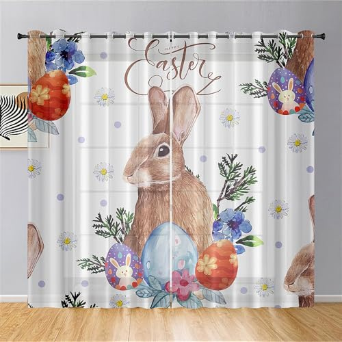 Mateju 3D Ostern Vorhänge Wohnzimmer, Vorhänge Mit Ösen 2er Set Gardinen Weiß Küchengardinen Modern, Tüll Gardine Dekorativ Schlafzimmer Kinderzimmer (Häschen,107 x 244 cm)