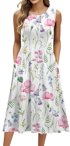 HSUAYEUD Summer Dresses for Women 2026 Crew Neck Sleeveless Dress Boho Beach Vacation Dress Floral Midi Dress with Pockets