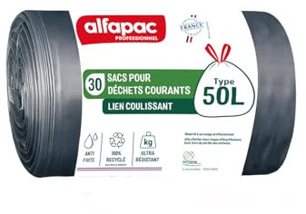 Alfapac professionnel - Carton de 390 sacs-poubelle 50L à lien coulissant - Ultra résistant - Etanche - 13 rouleaux de 30 sacs - Pour déchets courants