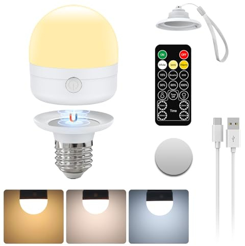 I-SHUNFA USB-C Rechargeable E27 LED Bulb 7W CCT with Remote Control,1 Pack | Dimmable,Timer,2000mAh Battery,Outdoor Emergency Light With Magnetic,with Lanyard