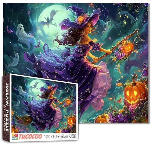 Halloween Besenstiel Puzzle 1000 Teile für Erwachsene, Halloween Magic Witch Puzzle, Horror Ghost Gruselpuzzle, perfekt für Spieleabende