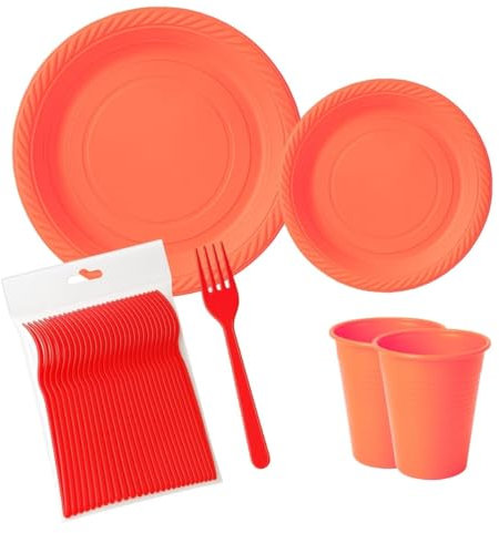 ecodrinks - Set Forchette, Piatti e Bicchieri per Feste di Compleanno, Catering ed Eventi - Resistenti, Durevoli e Riutilizzabili - Eco-friendly - in Polipropilene (Rosso, 250 pezzi)