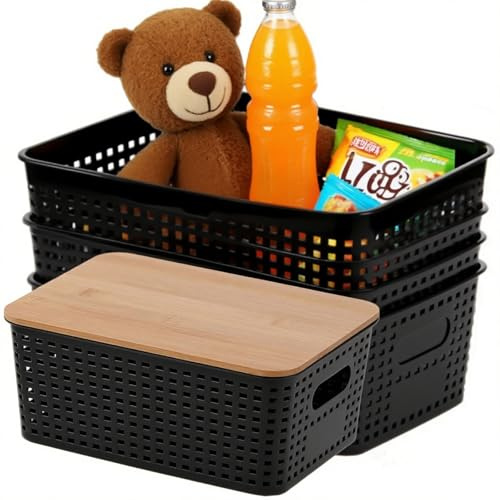 Tel Charme * 6 Pack Plastic Storage Bin with Bamboo Lid, Stackable Decorative Storage Basket Box Containers for Organizing Shelves Desktop Office Bedroom Dorm Classroom, Black
