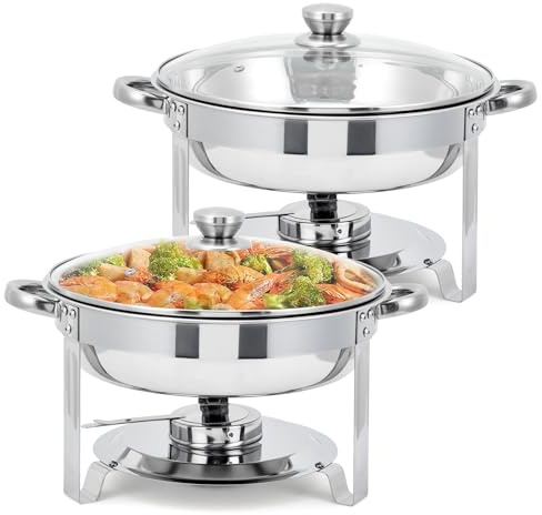 Mit Isolierter Edelstahl Buffet Chafing Dish - Runde Buffetwärmer Mit Glasdeckel, Dickwandiger Edelstahl, Langlebiger Buffetserver, Korrosionsbeständig, Stapelbare Speisenbehälter，2Pcs