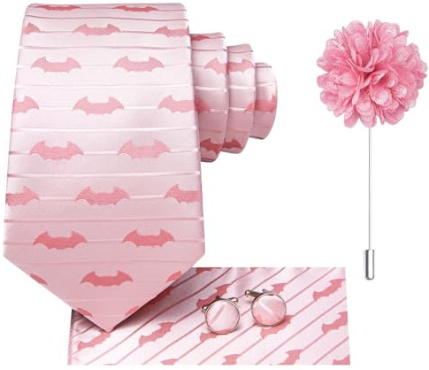 Hi-Tie Ensemble de cravate en soie, carré de poche et boutons de manchette avec épingle de revers en Jacquard pour mariage et affaire pour homme, M