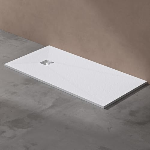 doporro Receveur de Douche Ultra Plat 3 cm Bac à Douche Rectangulaire en Solid Surface Blanc Design Geoma09 90x160x3 cm avec Bonde AL06