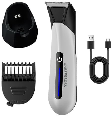 BarberBoss Men’s Body Hair Trimmer, Waterproof Groin & Ball Groomer, Skin-Safe Ceramic Blade, Adjustable Length Comb, USB Charging Stand & LED Light, Male Hygiene Shaver (White)