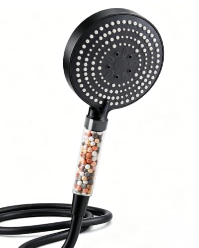 OFFO Duschkopf mit Schlauch 1,6m mit Verdrehschutz, 13cm Groß mit 20 Schichten Filtration, Handbrause mit Filter 6 Strahlarten, Duschschlauch mit Duschbrause Kalkfilter, Transparenter Griff, Schwarz