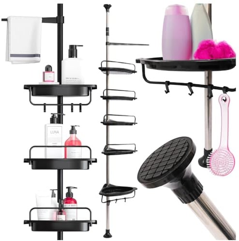 ZOLTA Teleskop Eckregal Bad höhenverstellbar 100–320 cm ohne Bohren 4 Ablagen mit Haken Aluminium Kunststoff Duschregal Badregal platzsparend stabil hygienisch für Dusche Wanne Waschbecken Schwarz