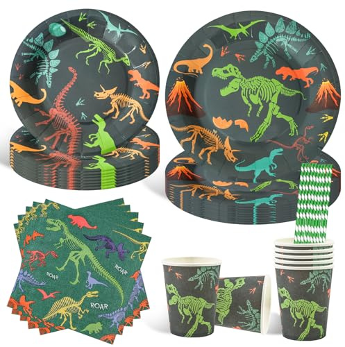 50 Stück Dinosaurier Partygeschirr Set,Dino Geburtstag Deko Set für 10 Gäste,Jura Pappteller Servietten Deko für Mädchen Junge Dino Teller Kindergeburtstag