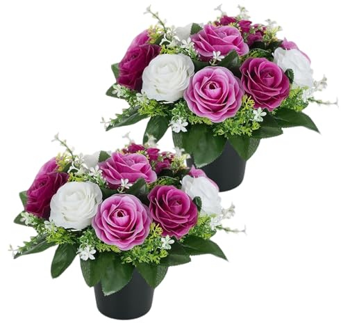 CECOMBINE 2 PCS Artificial Flowers for Graves, White Purple Lilac Roses Memorial Arrangement, 25cm Silk Memorial Grave Flowers with Pots, Weatherproof Funeral Arrangements for Outdoor Graveside