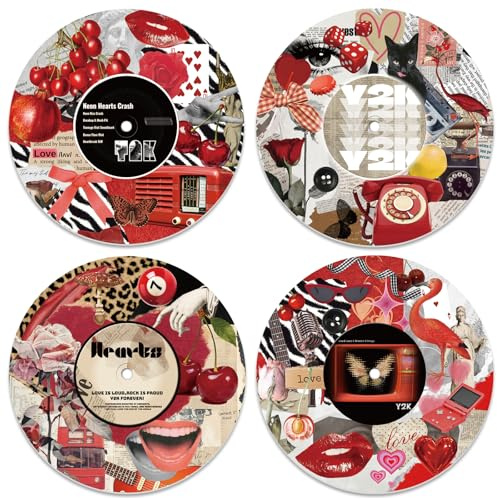 DOODLREAM 4 Stück Y2K Ästhetik Vinyl Schallplatten Wanddeko 30cm Hippie Rot Retro Wandposter Für Ästhetische Räume Collage Kunst Im Retro Schallplatten Stil – Deko Für Studios Wohnzimmer