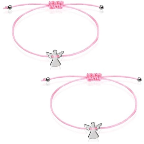 BAUCH Lot de 2 Bracelet Ange Gardien Rose Cordon Ajustable avec Pendentif Ange Argenté, Cadeau de Baptême et Communion