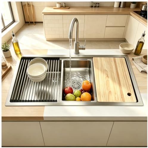 Fregadero Cocina Grande 90x50cm, Fregadero Cocina 1 seno, Fregadero Multifuncional de Acero Inox, con Filtro de Drenaje, fregadero interior de repuesto, sifón, juego de desagüe y descarga