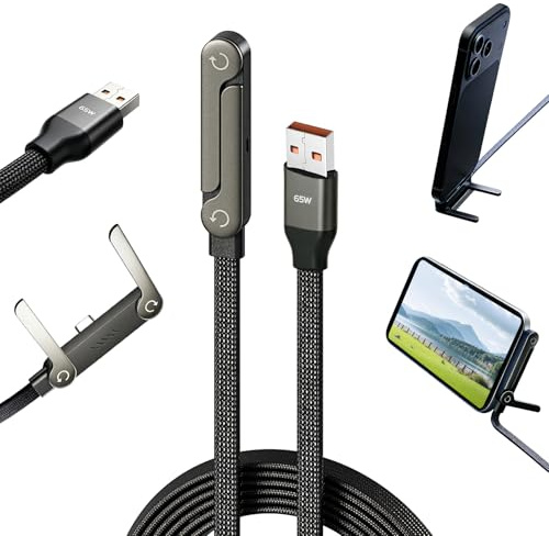 Ashloter USB C to USB A Charger Cable with Stand, 1.5m 65w Fast Invisible Holder Flat Data Cable with Bendphone Accessories (A-C)