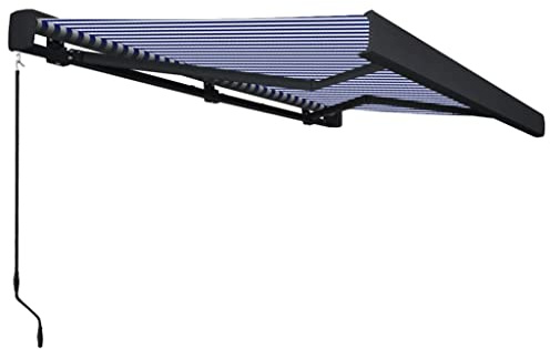 Cortina tipo cofre manual, 400 x 300 cm, azul y blanca | Estructura de aluminio, tejido 100% poliéster con revestimiento de poliuretano, soportes de pared incluidos