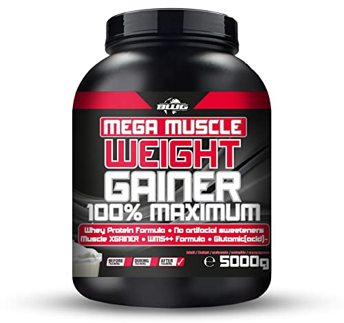 BWG Mega Muscle Weight Gainer 100% Maximum - perfekt für HardGainer und Massephasen – Kraftaufbau - Mega Vanilla - Dose mit Dosierlöffel - (1x 5000g Dose)