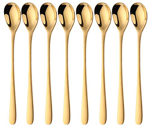 Bisda Cuillères à thé glacé café Lot de 8 Or Cuillère à Long Manche en Acier Inoxydable Cuillère pour Cocktail Dessert Yogourt 20,5cm(8 inch) Longueur