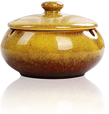 Lependor Ceramic Ashtray with Lids,Windproof,Cigarette Ashtray for Indoor or Outdoor Use,Ash Holder for Smokers,Desktop Smoking Ash Tray for Home Office Decoration - Yellow