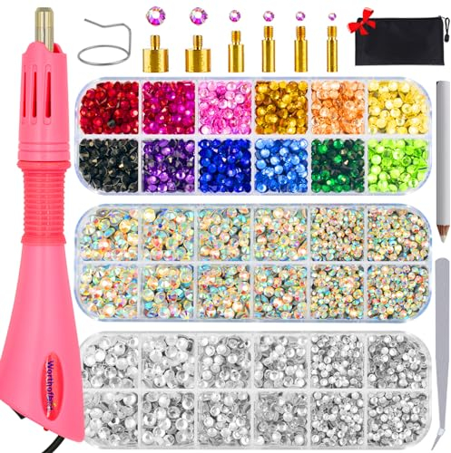 Worthofbest Hotfix Strass Setter, Hot Fix Applikator Tool Bedazzler Kit mit Strasssteinen, Kit, Hot Fixed Wand für Kleidung Kleidung Stoff Handwerk, 5000 Stück, AB Kristall, klar, 3 Edelsteingrößen,