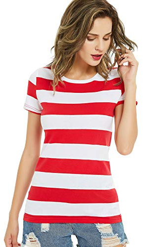 Striped T Shirts Women Red and White Stripes Short Sleeve Crew Neck Tees L