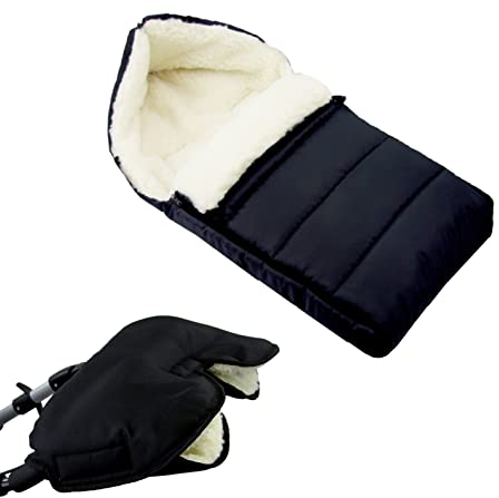 BAMBINIWELT KOMBI-ANGEBOT Muff + Winterfußsack 90cm - aus Lammwolle für Kinderwagen, Buggy, Radanhänger - WOLLE - LINIERT (schwarz)