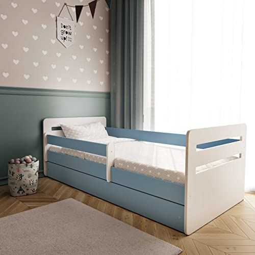 Kinderbett Jugendbett 80x160 Blau mit Rausfallschutz Schubalde und Lattenrost Kinderbetten für Mädchen und Junge - Tomi 160 cm