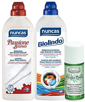 NUNCAS SET DETERGENTE CAPI BIANCHI: PASSIONE BIANCO 750 ML + BIOLINDO 1 LT + SPRAY TESSUTI 150 ML (PROFUMAZIONI ASSORTITE)