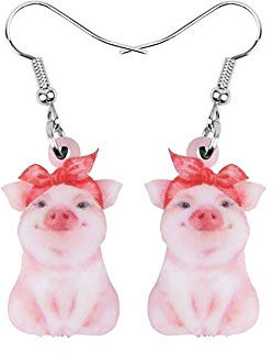 Orecchini pendenti a forma di maialino in acrilico stampato con fascia rosa
